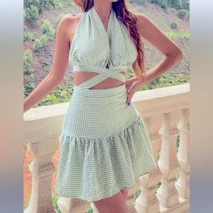 new without tags green dress cut out 2 piece halter checkered skirt MEDIUM